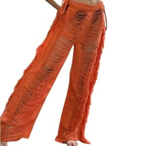Bold Orange Fringe Knit Pants Sz small fringe festival Y2K knit crochet vibrant